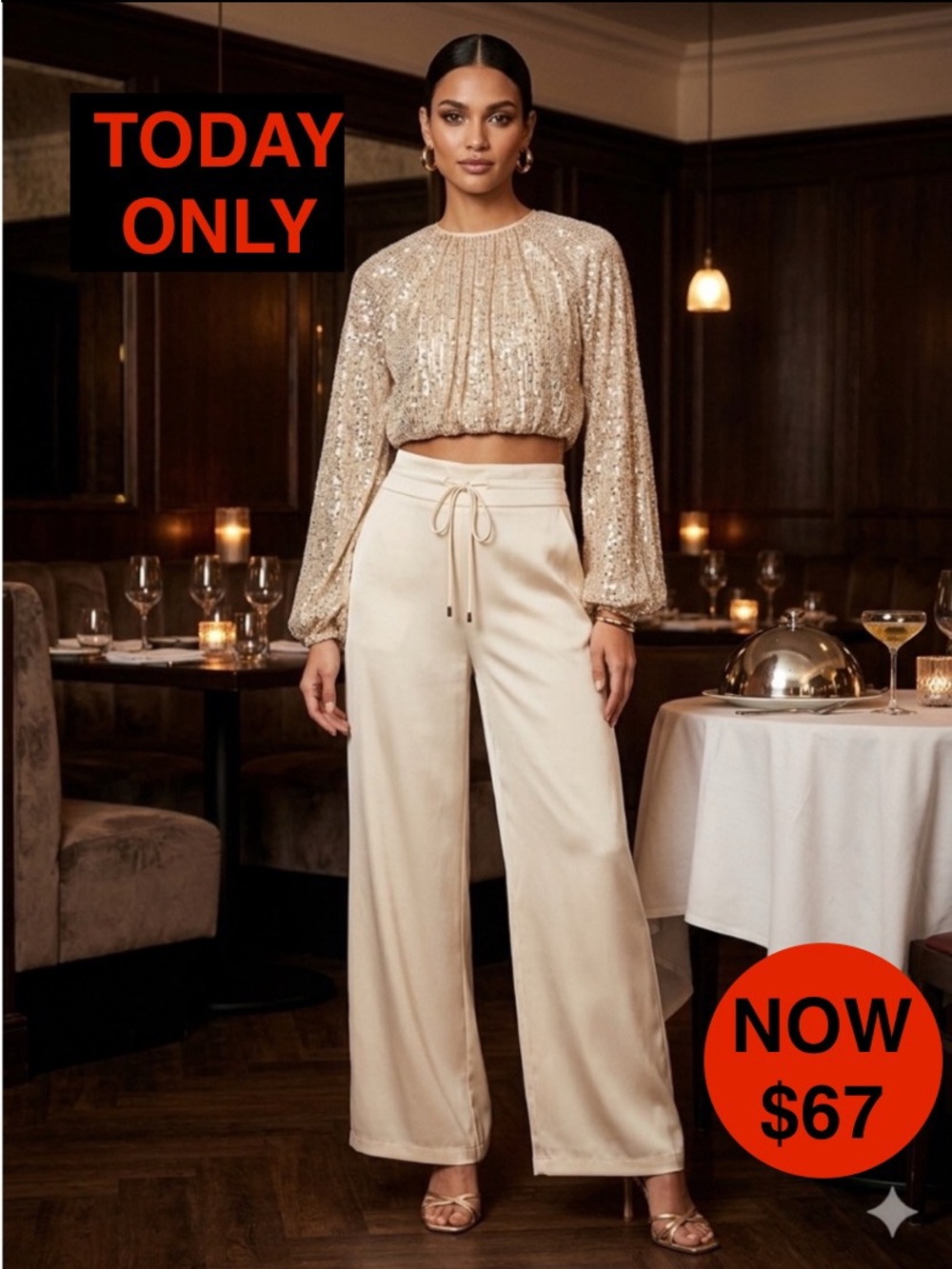 NWOT H&M Satin Wide-Leg Drawstring Trousers - Ecru Cream - XS